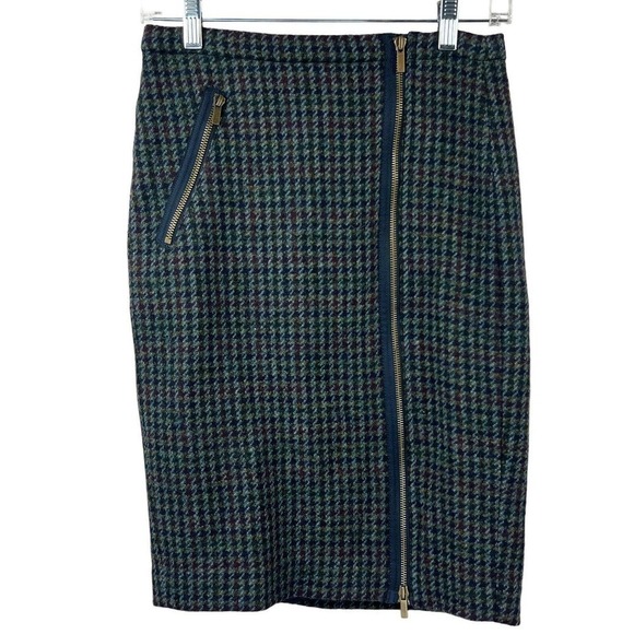 J. Crew Houndstooth Asymmetrical Zipper Wool Pencil Skirt Size 00 Blue - Picture 1 of 11